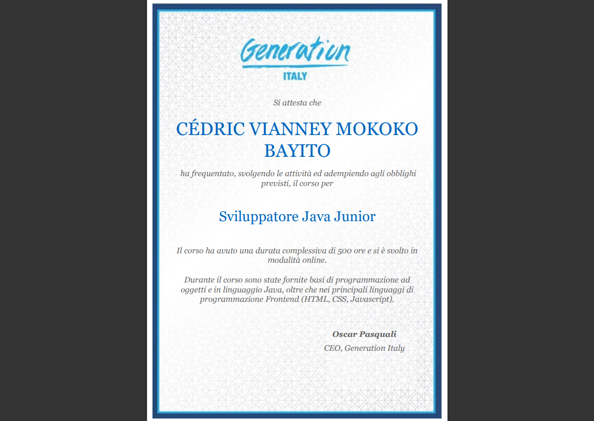foto attestato Java Standard/EE Generation Italy